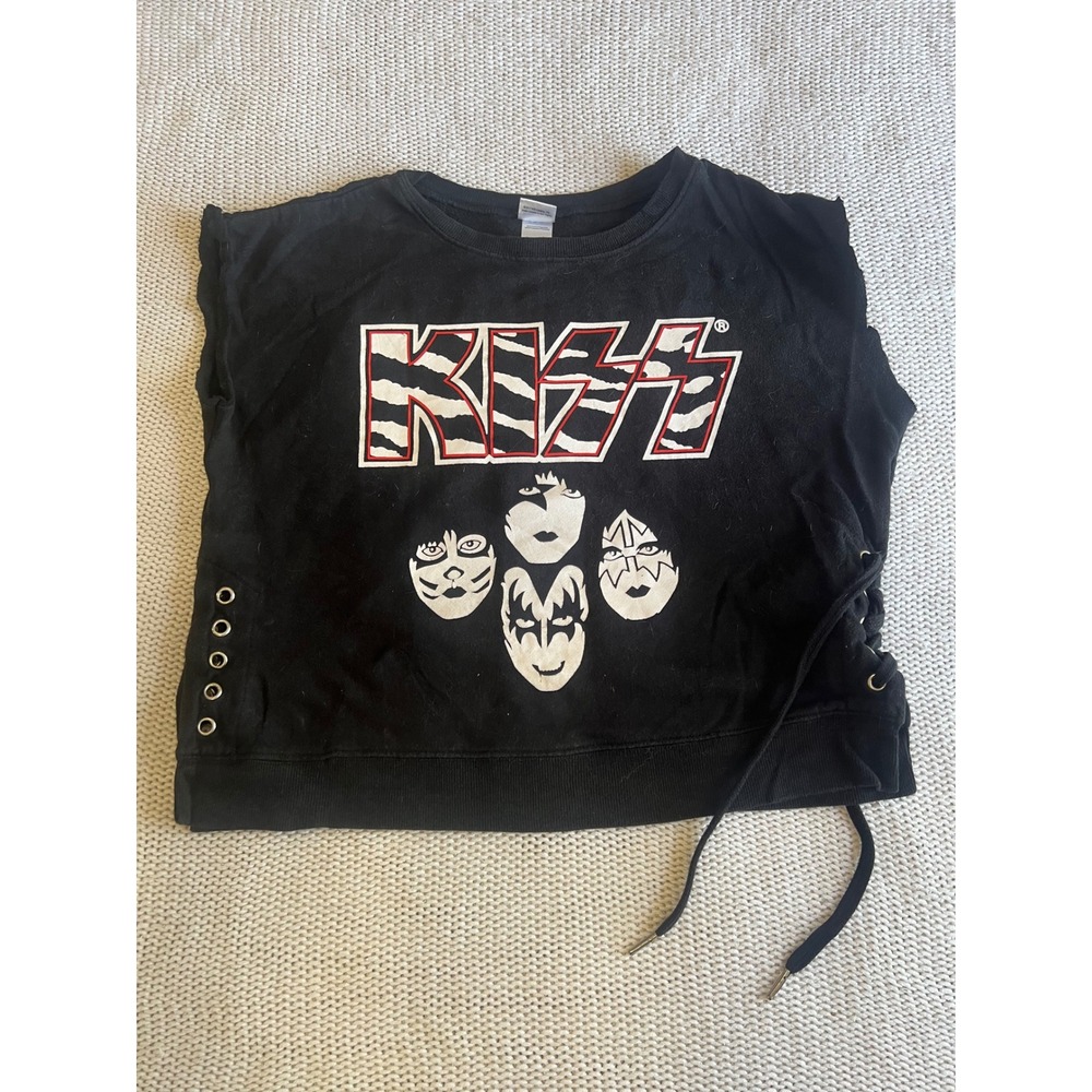 KISS Band Graphic Sleeveless Cropped Sweatshirt Black Lace Up Sides Large